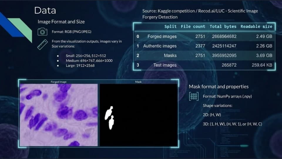 Slide describing the dataset, with a forged microscopy image and its mask