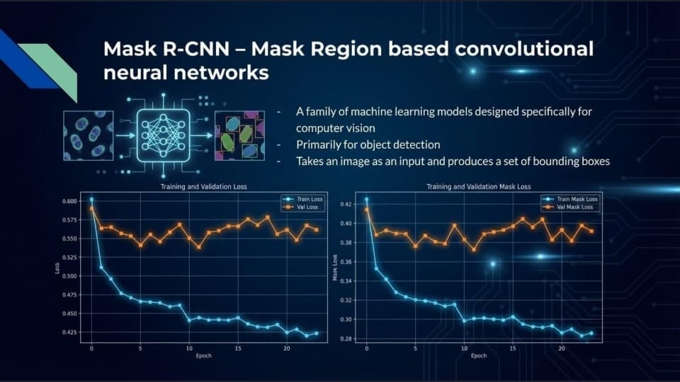 Slide with training and validation loss curves for boxes and masks