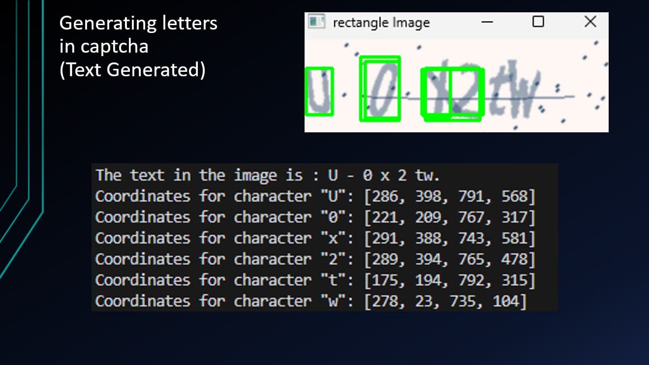 Boxes around each character of a CAPTCHA, with the detected text and coordinates below