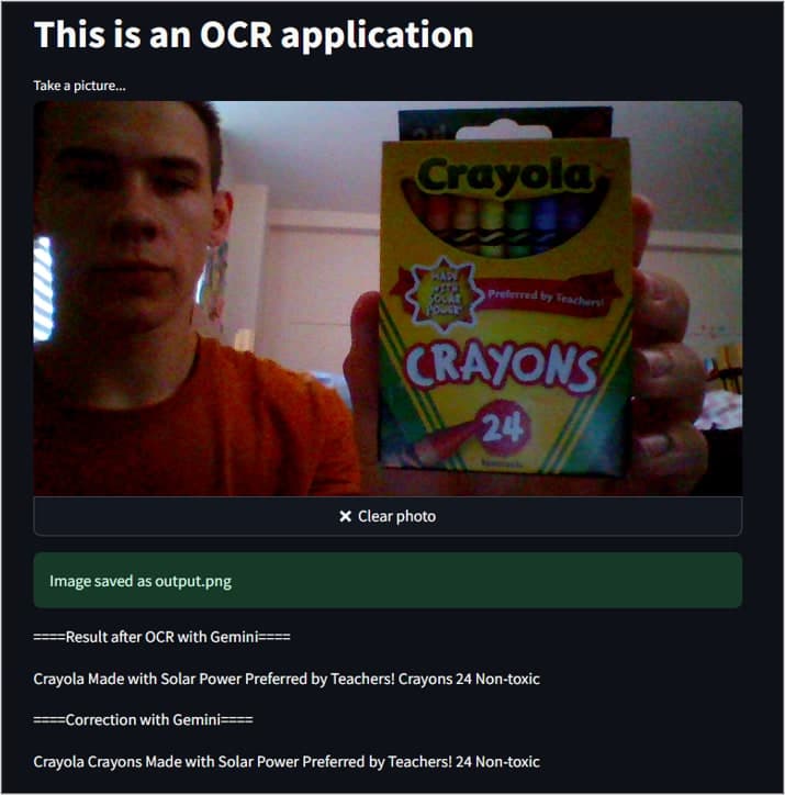 The OCR app reading the text on a box of crayons held up to a webcam