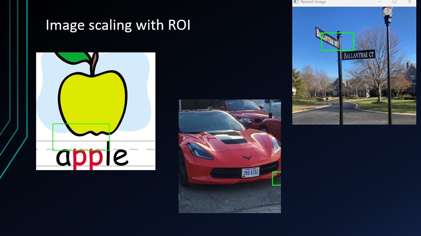 Region-of-interest boxes drawn on a drawing of an apple, a car and a street sign